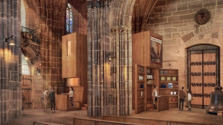 Computergrafik: Im Eingangsbereich der Lorenzkirche steht ein großes Holzmöbel, in dem die Mesnerstube, der Welcomer-Tresen und der Shop untergebracht sind.