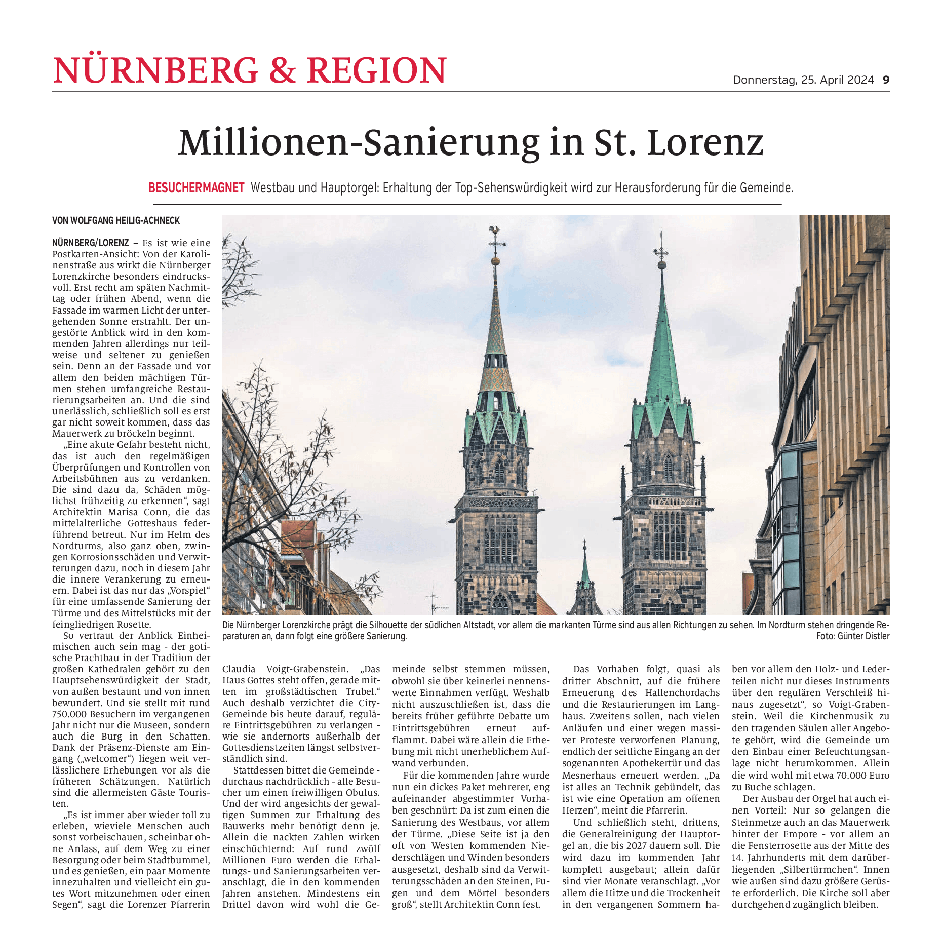 Artikel aus den Nürnberger Nachrichten. Titel: Millionen-Sanierung in St. Lorenz (25. April 2024)